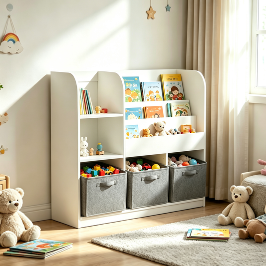 Kids Bookcase and Bookshelf, Multifunctional Bookcase with 3 Collapsible Fabric Drawers, Bookcase Display Stand, Toy Storage Organizer