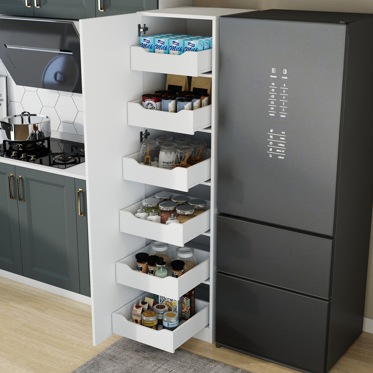 Tall Slim Pantry Storage Cabinet, Freestanding Single-Door Kitchen Cupboard with 6 Pull-Out Drawers, Narrow Food Storage Organizer for Kitchen, Dining Room