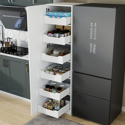 Tall Slim Pantry Storage Cabinet, Freestanding Single-Door Kitchen Cupboard with 6 Pull-Out Drawers, Narrow Food Storage Organizer for Kitchen, Dining Room