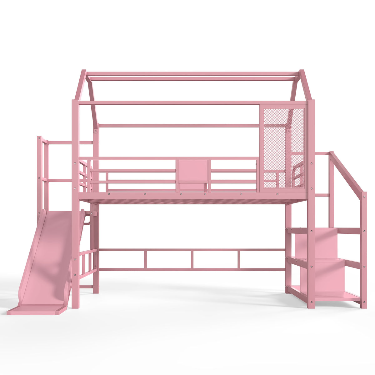 Full House Loft bed with Slide and Stairs, Metal Playhouse Bed with Storage Shelves, House-shaped Roof and Noise-free Design, Pink