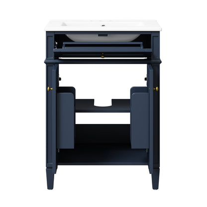 Modern Blue Bathroom Vanity with 2 Doors and Tip-Out Drawer, Ceramic Sink, Soft-Closing Hinges, Solid Wood Frame, 24'