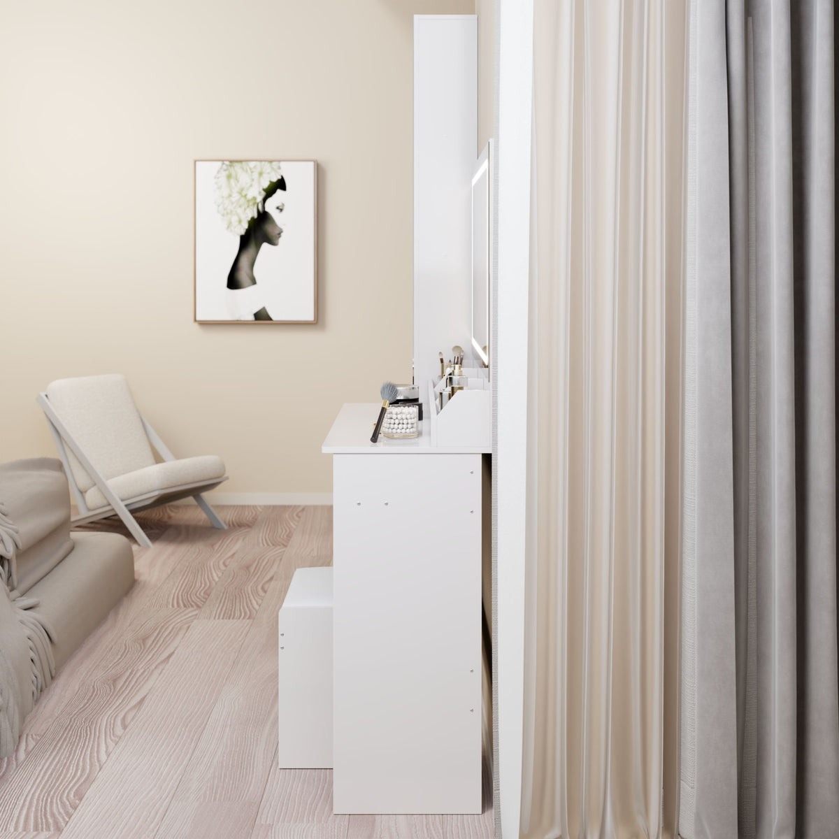 Extra Large LED Mirror Vanity Table + LED Dressing Mirror Cabinet + Cushioned Stool, Double Large LED Mirror, Touch Control, 3-color Switch