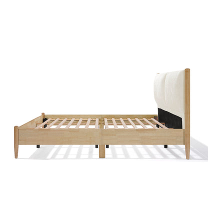 King Natural wood  Bed Frame with White Cozy Upholstered Headboard