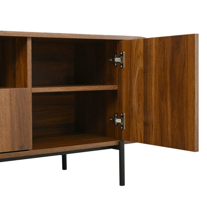 U-Can American Style TV Stand with Rattan Arched Doors, Drawers, Hidden Storage, Steel Legs, Rounded Corners