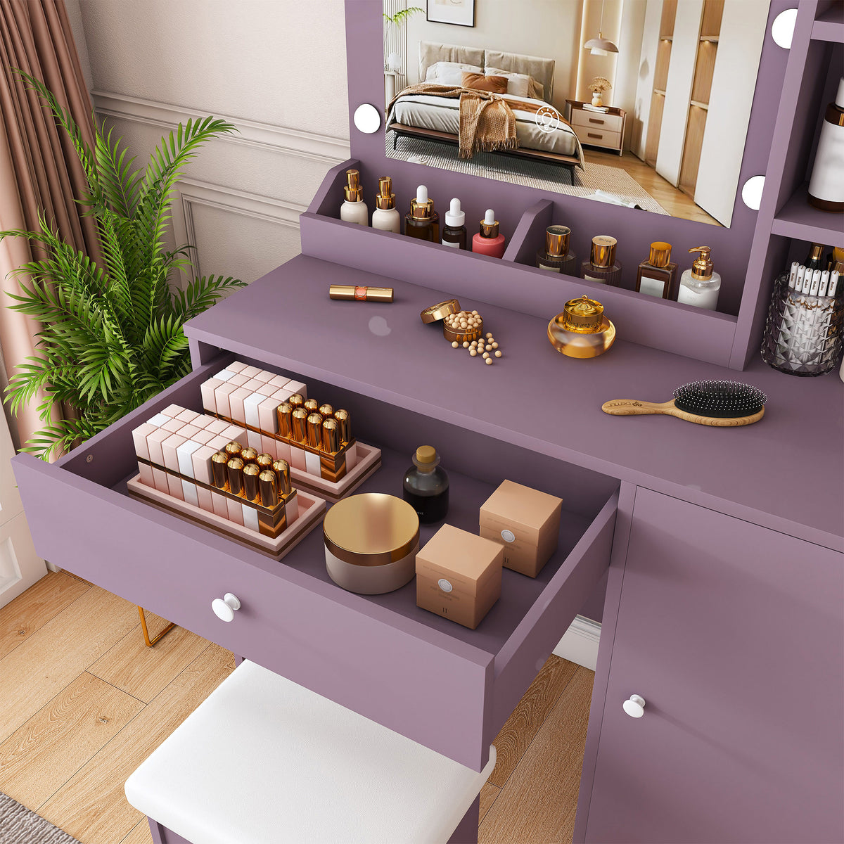 Modern Purple Vanity Desk Set with Padded Stool and Adjustable LED Mirror, 3 Color Light Modes, MDF Construction