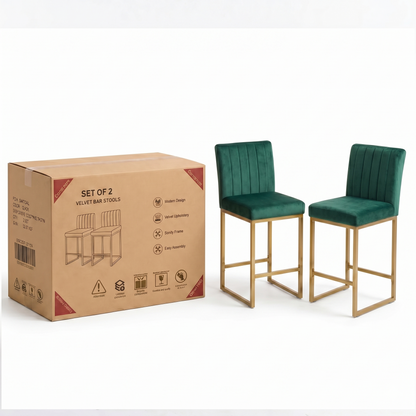 25.6 Inch Counter Height Bar Stools Set of 2 with Velvet Cushion and Back Modern Bar Chairs for Kitchen Island Counter with Metal Leg for Restaurant Dining Room Office, Green and Gold