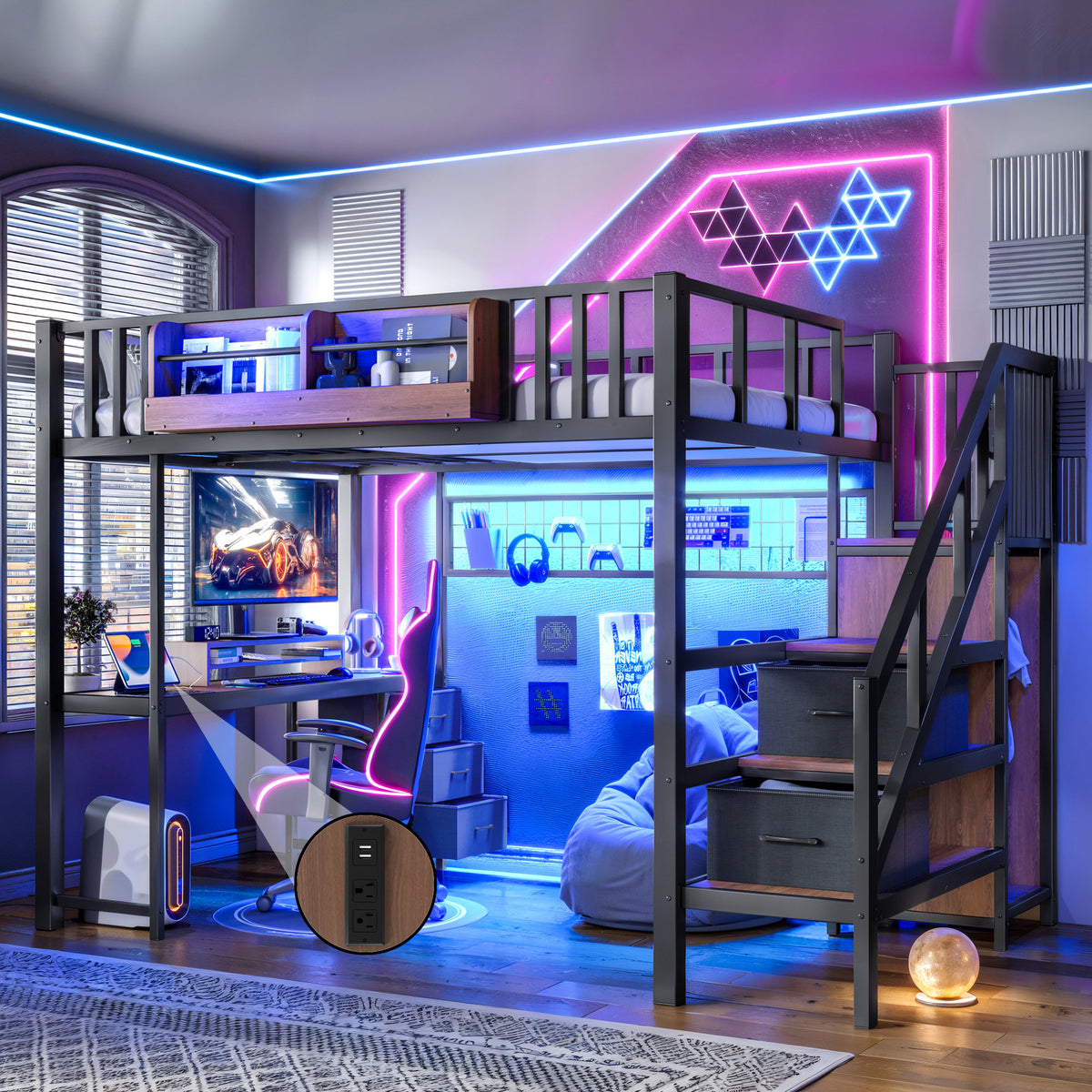Full Size Loft bed with desk, Heavy Duty save space Loft Bed with Drawers & Storage Stair, All-in-One Metal Frame Multi-Functional Loft Bed for Teens Adults, Black