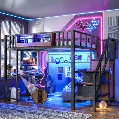 Full Size Loft bed with desk, Heavy Duty save space Loft Bed with Drawers & Storage Stair, All-in-One Metal Frame Multi-Functional Loft Bed for Teens Adults, Black