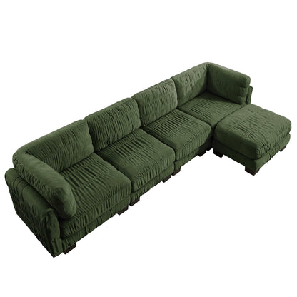 4 Seat Ruched Detailing Chenille Modular Sectional Sofa,Movable Ottoman,High-Density Foam,L Shape Thickened  Back Cushions,Easy Assembly,For Living Room,Bedroom,Green