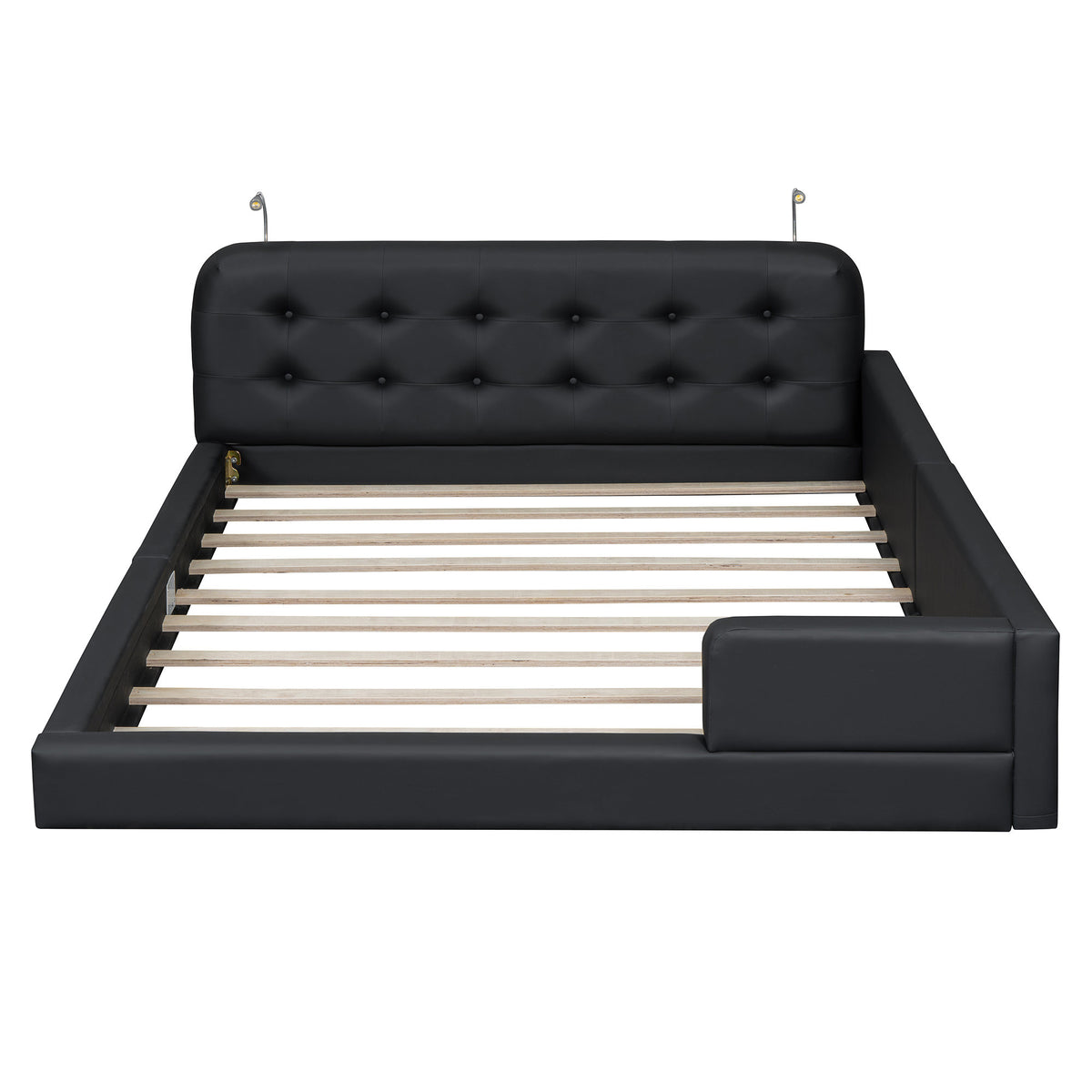 Queen Size Upholstered Platform Bed with 2 Reading Lights, Black