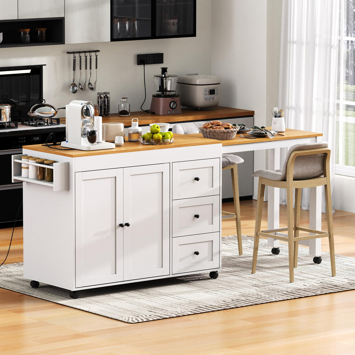 K&K 74.8" Kitchen Island with Extendable Dining Table, Kitchen Storage Cart with 3 Drawers, Power Outlet