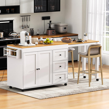 K&K 74.8" Kitchen Island with Extendable Dining Table, Kitchen Storage Cart with 3 Drawers, Power Outlet