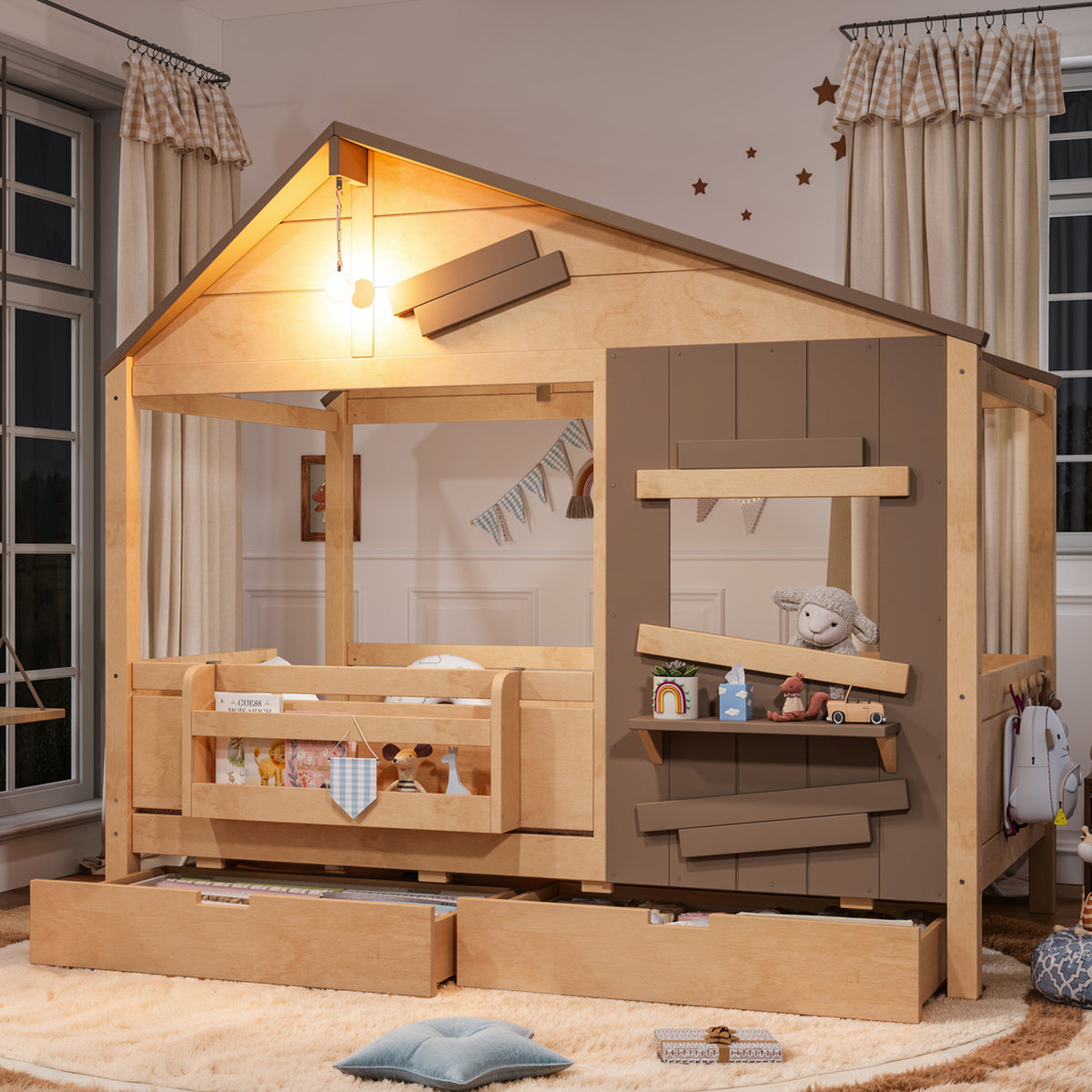 Twin Size Farmhouse Spliced House Bed with Window Shelf & Side Hooks, Playhouse Bed Frame with Underbed Storage Drawers and LED,Light Natural