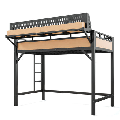 Twin XL size Loft Bed Frame with Storage Shelves and Pegboard, Metal Loft Bed with USB Ports and LED Lights, Safe and Sturdy, Natural