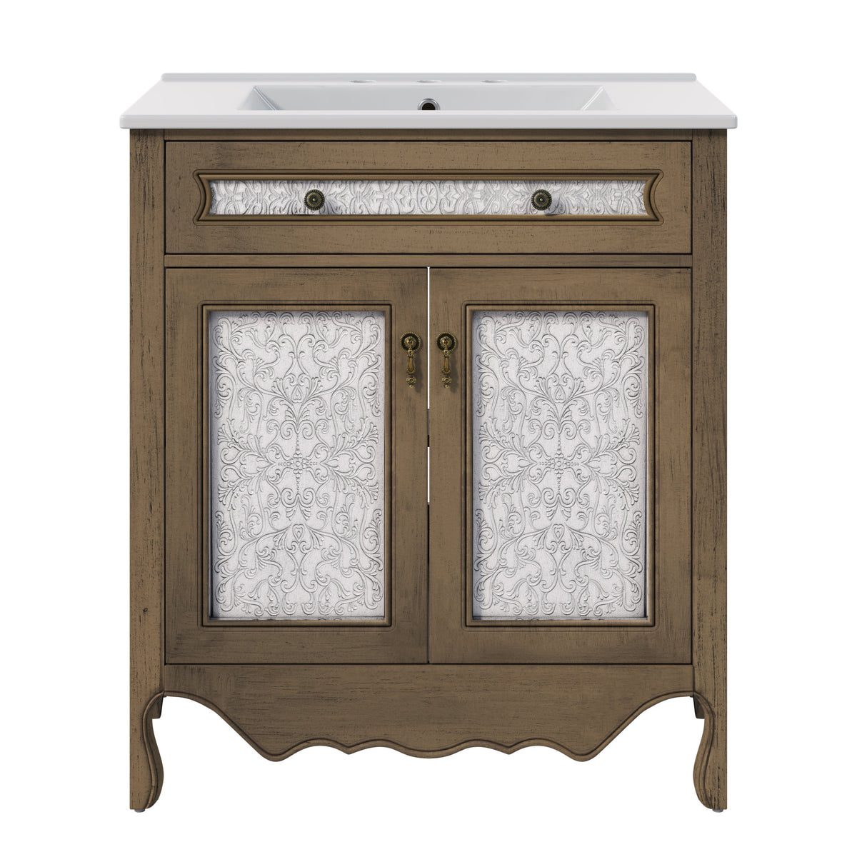 30' Antique Pattern Bathroom Vanity with Rectangle Ceramic Sink, Bathroom Vanity Cabinet with Tip-Out Tray / Flip-Out Drawer, Equipped with Antique Handles and Rubber Wood legs, Vintage Light Brown