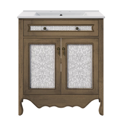 30' Antique Pattern Bathroom Vanity with Rectangle Ceramic Sink, Bathroom Vanity Cabinet with Tip-Out Tray / Flip-Out Drawer, Equipped with Antique Handles and Rubber Wood legs, Vintage Light Brown