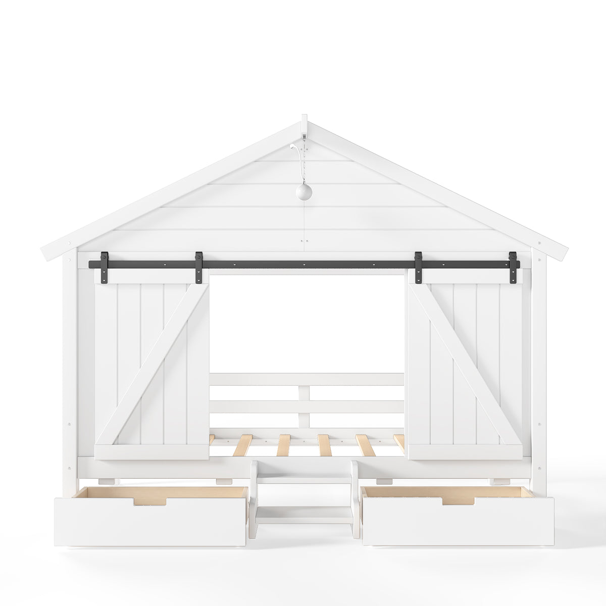 Twin Size Farmhouse Bed with Sliding Barn Door and Light Bulb, Wood house Bed Frame with Stair and Drawers, White