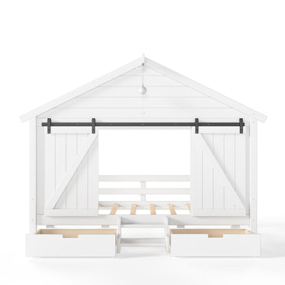 Twin Size Farmhouse Bed with Sliding Barn Door and Light Bulb, Wood house Bed Frame with Stair and Drawers, White