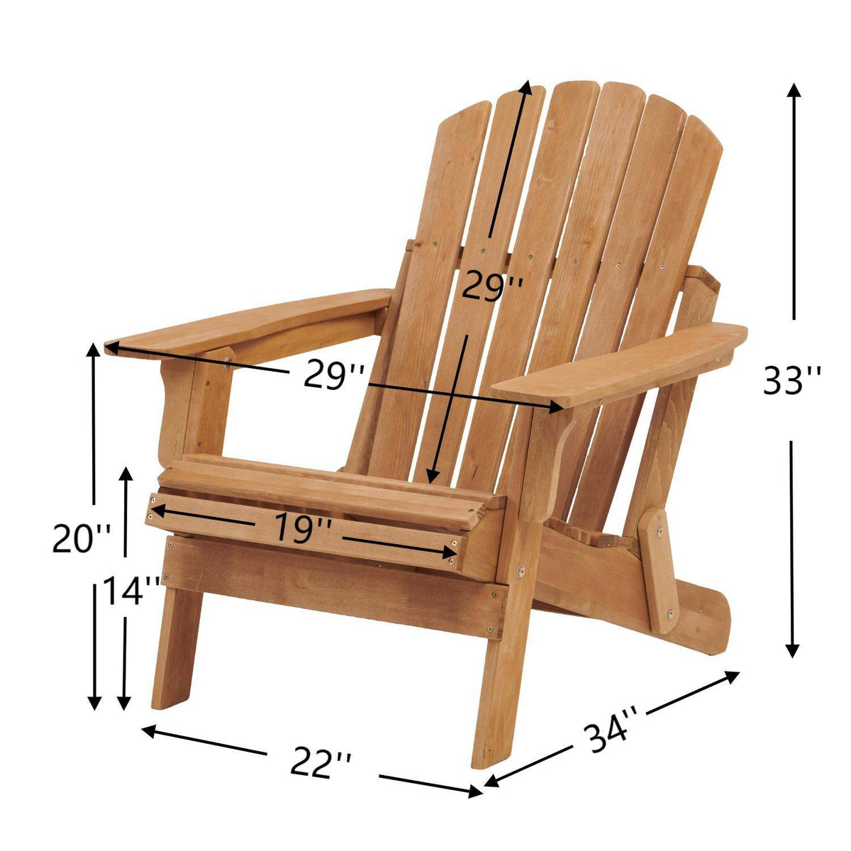 Oversize Wooden Outdoor Folding Adirondack Chair with Pre-Assembled BackRest & SeatBoard, Wood Patio Chair for Garden Backyard Porch Pool Deck Firepit
