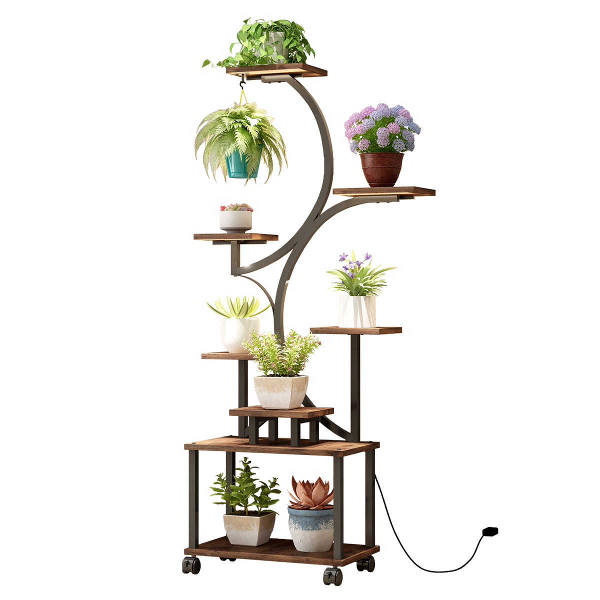 Plant Stand Indoor with Grow Lights - 62" Tall Plant Shelf, Lighted Corner Plant Stands for Indoor Growing, 8 Tiered Large Flower Holder - Walnut Color