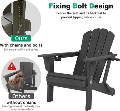 Adjustable HDPE Adirondack Chair, Grey, 3-Position Reclining ,Foldable, Cup & Phone Holders, All-Weather Outdoor