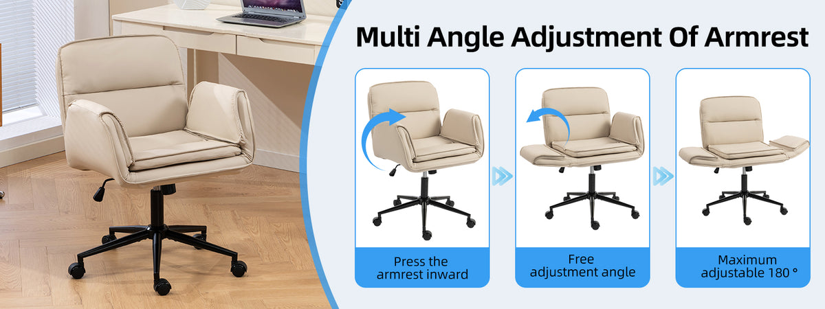 Criss Cross Chair with 5-Gear Adjustable Armrests & Wheels, Ergonomic Thickened Backrest Swivel Desk Chair for Home Office, Vanity, Bedroom and Living Room, Beige Pu