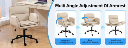 Criss Cross Chair with 5-Gear Adjustable Armrests & Wheels, Ergonomic Thickened Backrest Swivel Desk Chair for Home Office, Vanity, Bedroom and Living Room, Beige Pu