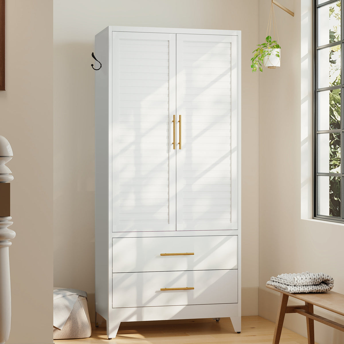 White Metal Wardrobe Closet with 2 Doors and Drawers, 71″ Tall Storage Cabinet, Lightweight Portable Closet for Small Apartments, Renters