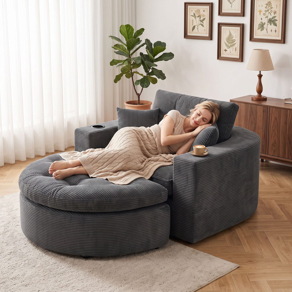 Oversized Dark Gray Round Chaise Lounge Sofa, Upholstered Lounge Chair with 3 Pillows, Boneless Sofa Couch with Ottoman, Deep Seat Chair for Living Room, Bedroom, No Assembly