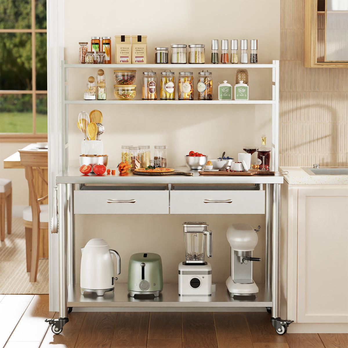 Stainless Steel Table with Shelves and Drawer, Stainless Steel Work Table with Overshelves, Adjustable Shelf and Hooks, Kitchen Prep Table for Commercial Kitchen, Restaurant and Garage