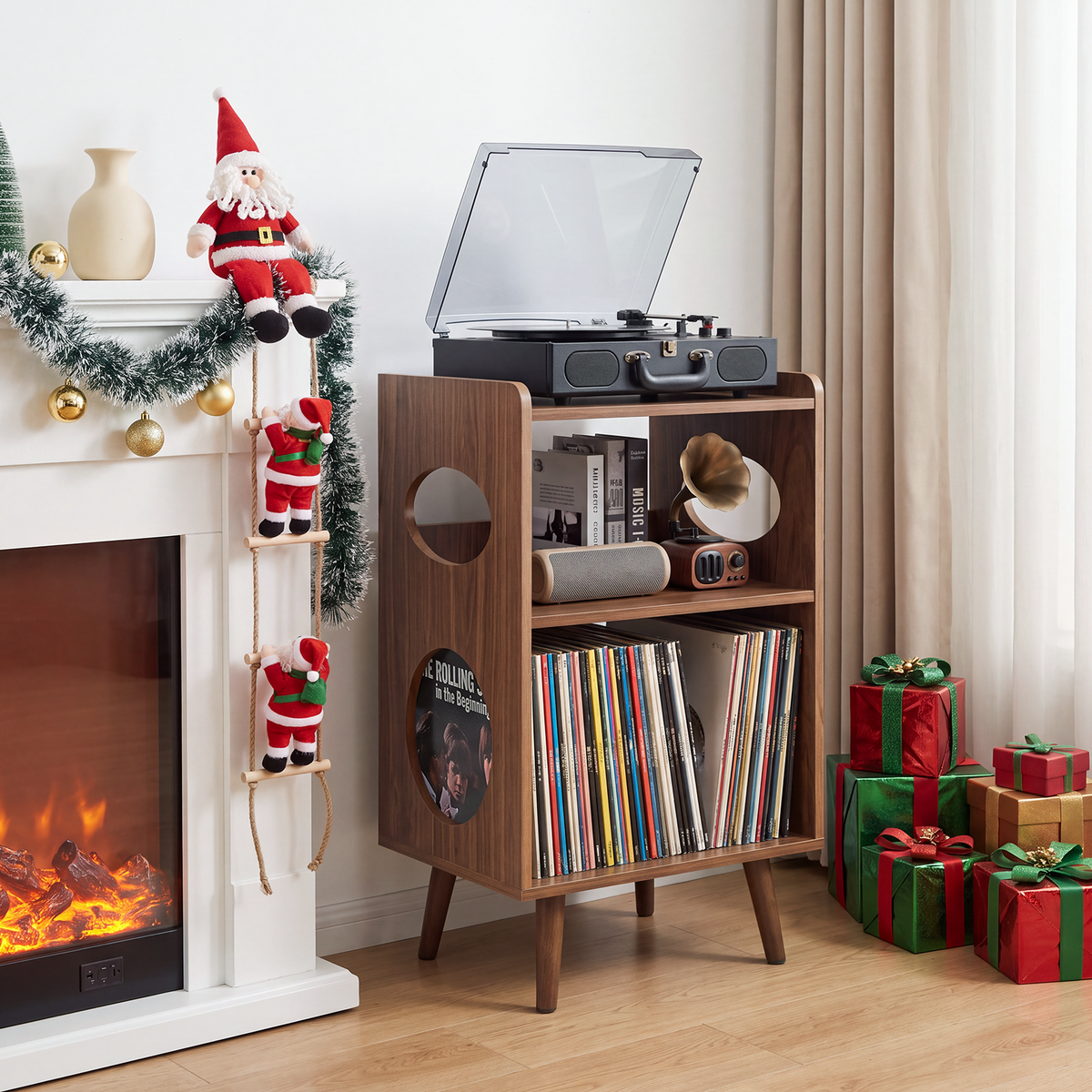 Record Player Stand, Turntable Stand with Vinyl Record Storage, Charging Station & USB Ports, Album Cover Display, Record Storage Cabinet Holds Up to 160 Vinyl Albums for Living Room