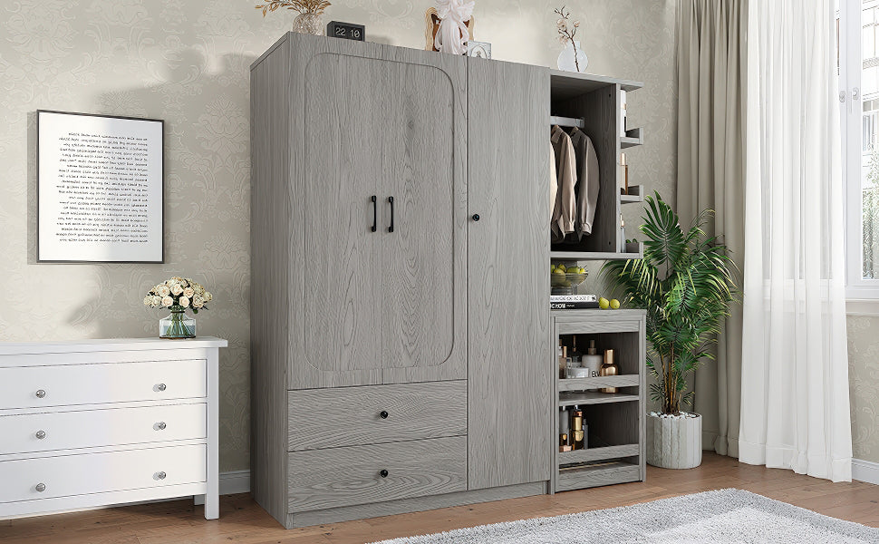 Multifunctional Wardrobe with 2 Doors and Hanging Rod, Wooden clothes closet with Convertible Desk and Storage Drawers – Model W1580S00476