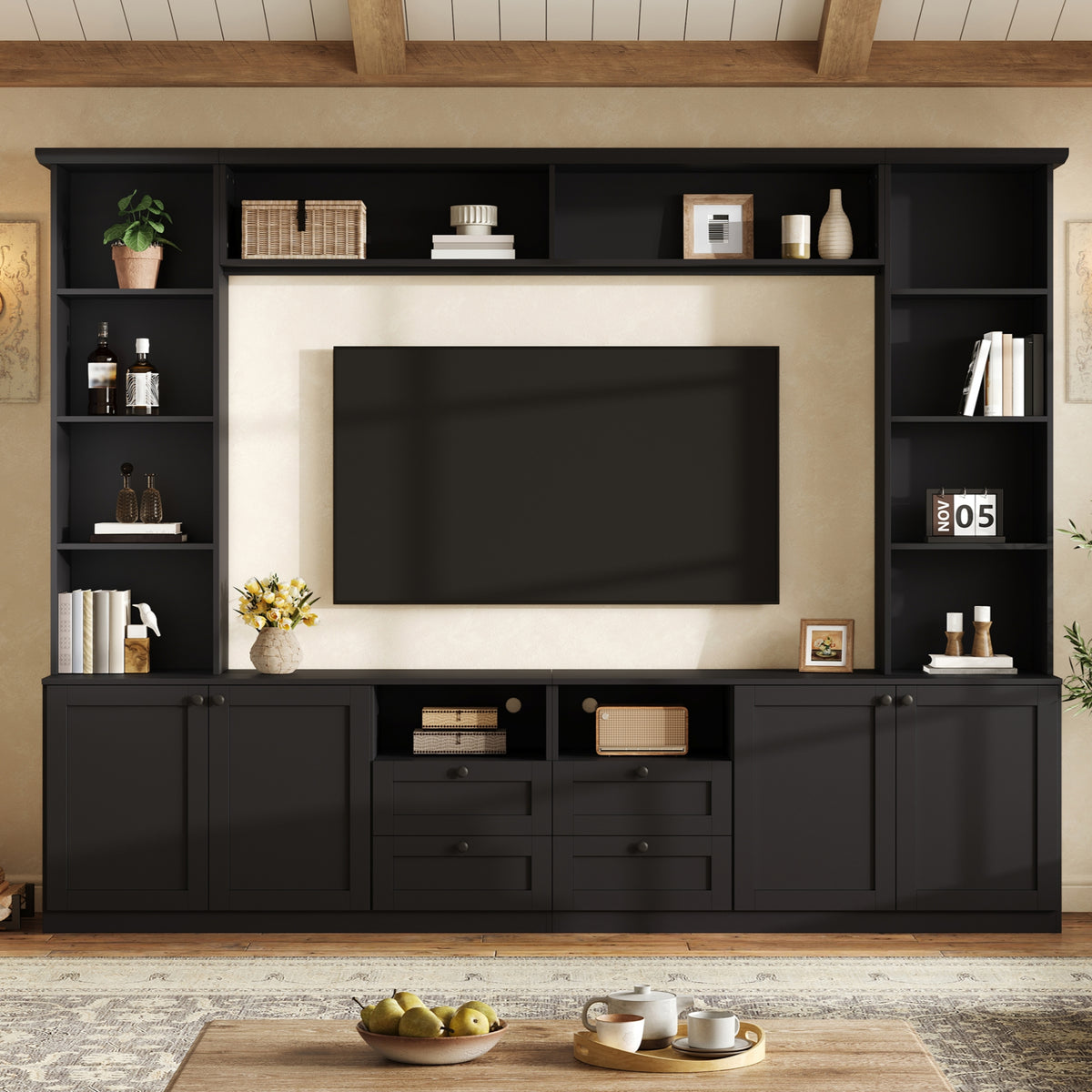 Farmhouse Elegant Entertainment Center Wall Unit with 4 Drawers, Modern Built in TV Stand with Bridge for TVs Up to 70", All-in-One Media Console with Adjustable Shelves for Living Room, Black