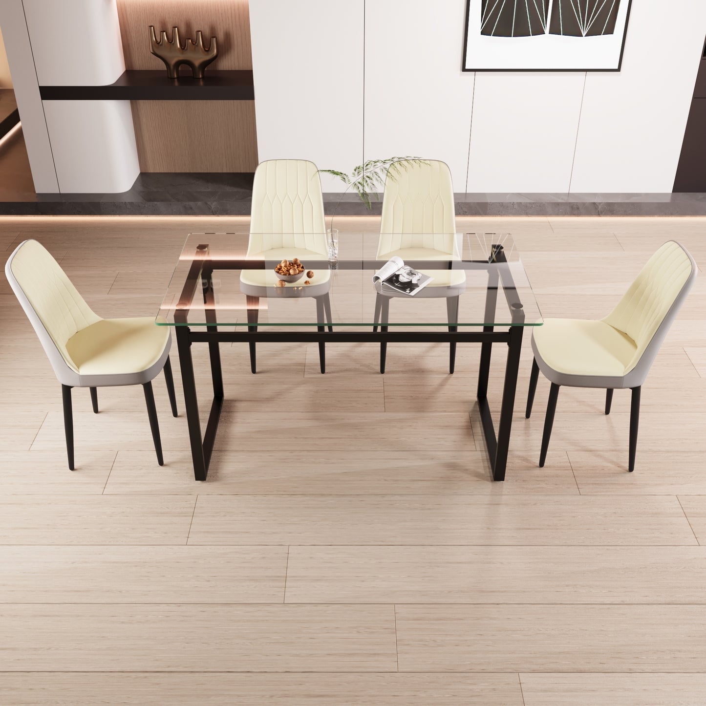 51' 4 person glass dining table set, kitchen set with black metal leg dining table and chairs, modern rectangular tempered glass tabletop and dining room thick cushioned PU dining chair