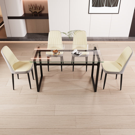 51' 4 person glass dining table set, kitchen set with black metal leg dining table and chairs, modern rectangular tempered glass tabletop and dining room thick cushioned PU dining chair