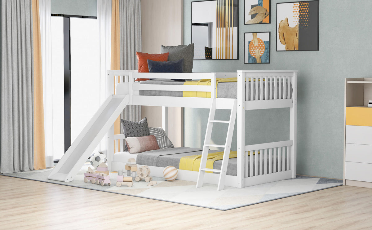White Twin over Twin Bunk Bed with Convertible Slide and Ladder, Pine Wood, 79.1''L x 42.1''W x 49.4''H