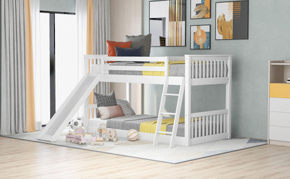 White Twin over Twin Bunk Bed with Convertible Slide and Ladder, Pine Wood, 79.1''L x 42.1''W x 49.4''H
