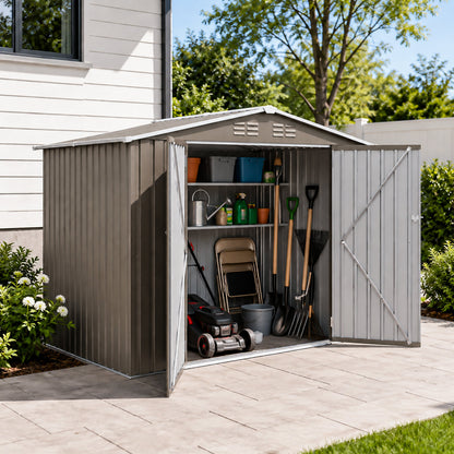 8*6 FTOutdoor Metal Storage Shed, Galvanized Steel Panel Tool House with Lockable Double Door & Built-in Vents for Backyard Garden Equipment Storage Olive Grey(7.84*5.71 FT)