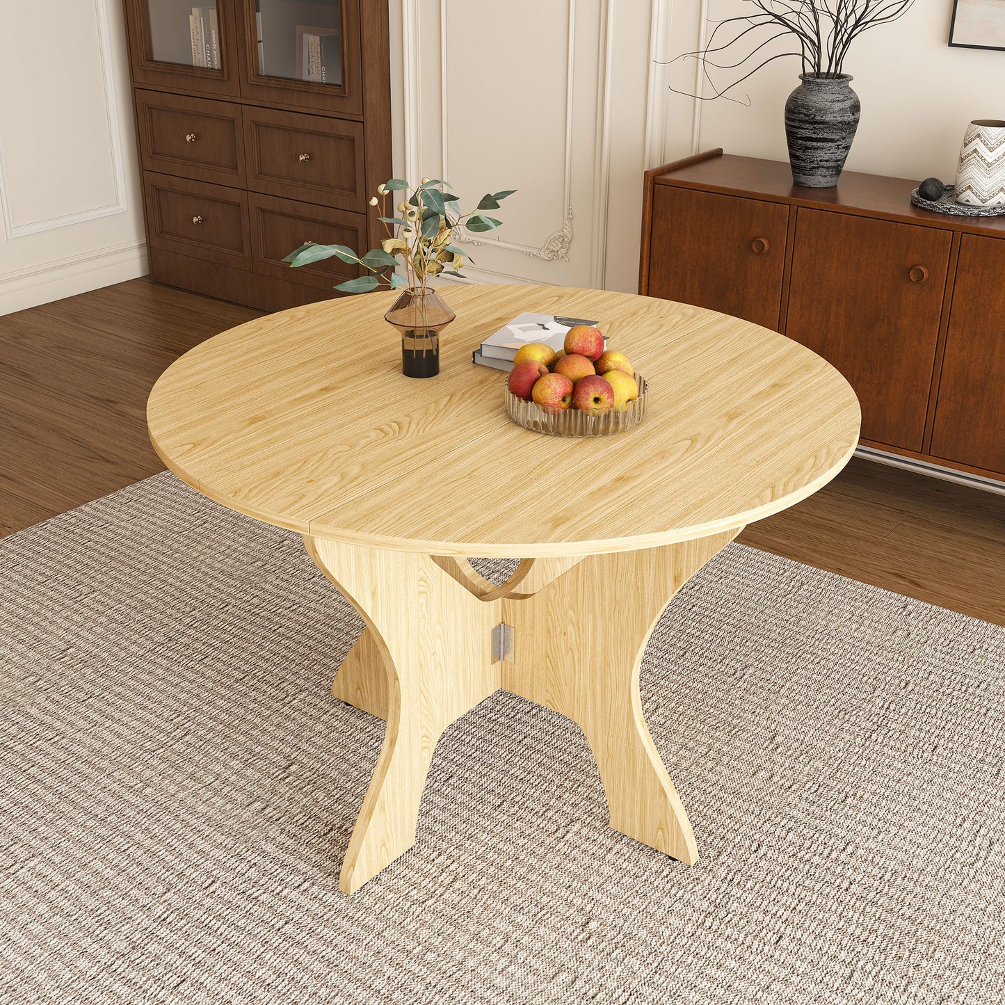 43 in Folding Dining Table for Small Spaces, MDF Table with Wild Oak Veneer, Space Saving Foldable Kitchen Table for Indoor and Outdoor Use