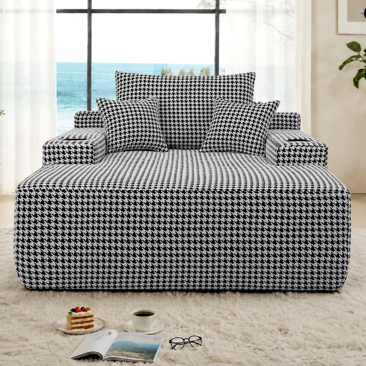 Convertible Chaise Lounge Chair Plush with Wide Armrest & Throw Pillows, Cozy Boneless Sleeper Sofa Bed Armchair, with cup holder,for Living Room, Bedroom, No Assembly Required,Black-White-Houndstooth