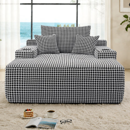 Convertible Chaise Lounge Chair Plush with Wide Armrest & Throw Pillows, Cozy Boneless Sleeper Sofa Bed Armchair, with cup holder,for Living Room, Bedroom, No Assembly Required,Black-White-Houndstooth
