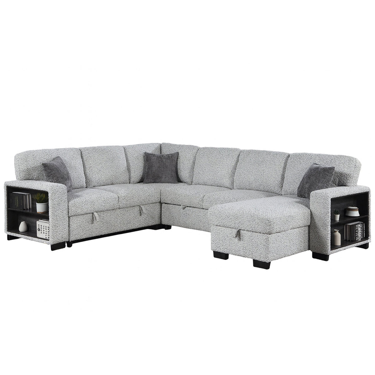 Giza Modular Sectional Sofa with Sleeper, Storage, USB Charging and Bouclé Upholstery in Gray
