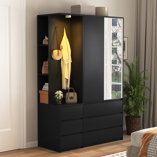 Wardrobe Closet 71.7' H, Bedroom Wooden Wardrobe with 2 Doors 6 Drawers, Modern Clothing Storage Cabinet Combination with Storage Shelves and Hanging Rail, Black
