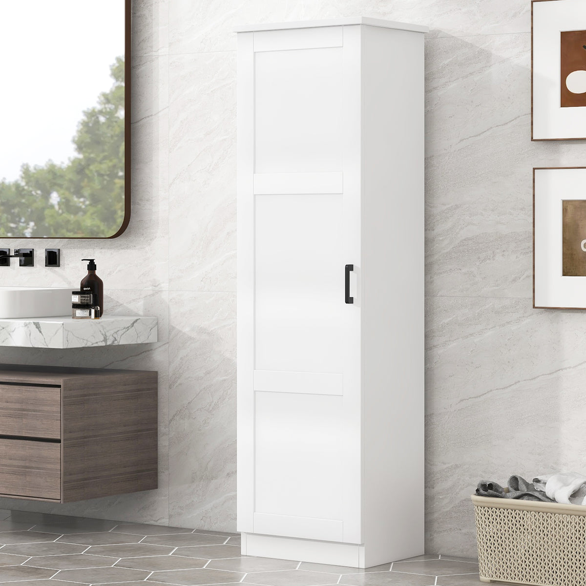 Storage Cabinet with One Door for Bathroom, Office, Adjustable Shelf, MDF Board, White