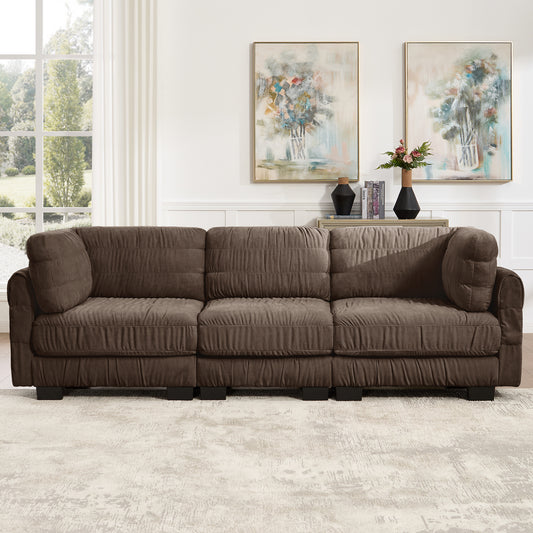 3 Seat Ruched Detailing Chenille Modular Sectional Sofa,High-Density Foam,L Shape Thickened  Back Cushions,Easy Assembly,For Living Room,Bedroom,Brown