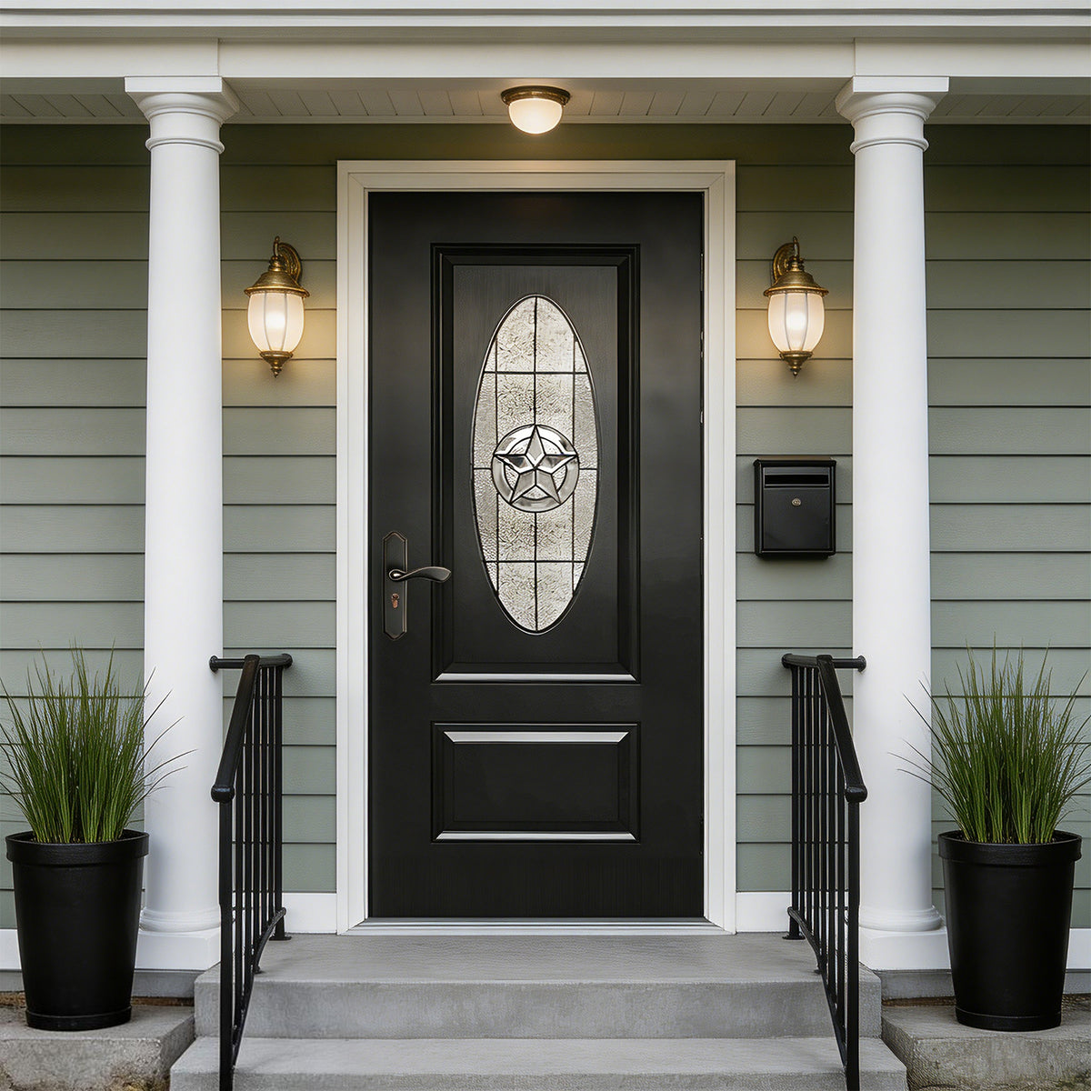 36"x80" Fiberglass Front Door with White 4-9/16" PVC Frame,Right-Hand Inswing Exterior Door with Brickmould,Brushed Smooth skin with Oval Decorated glass for Home Entrance, Black