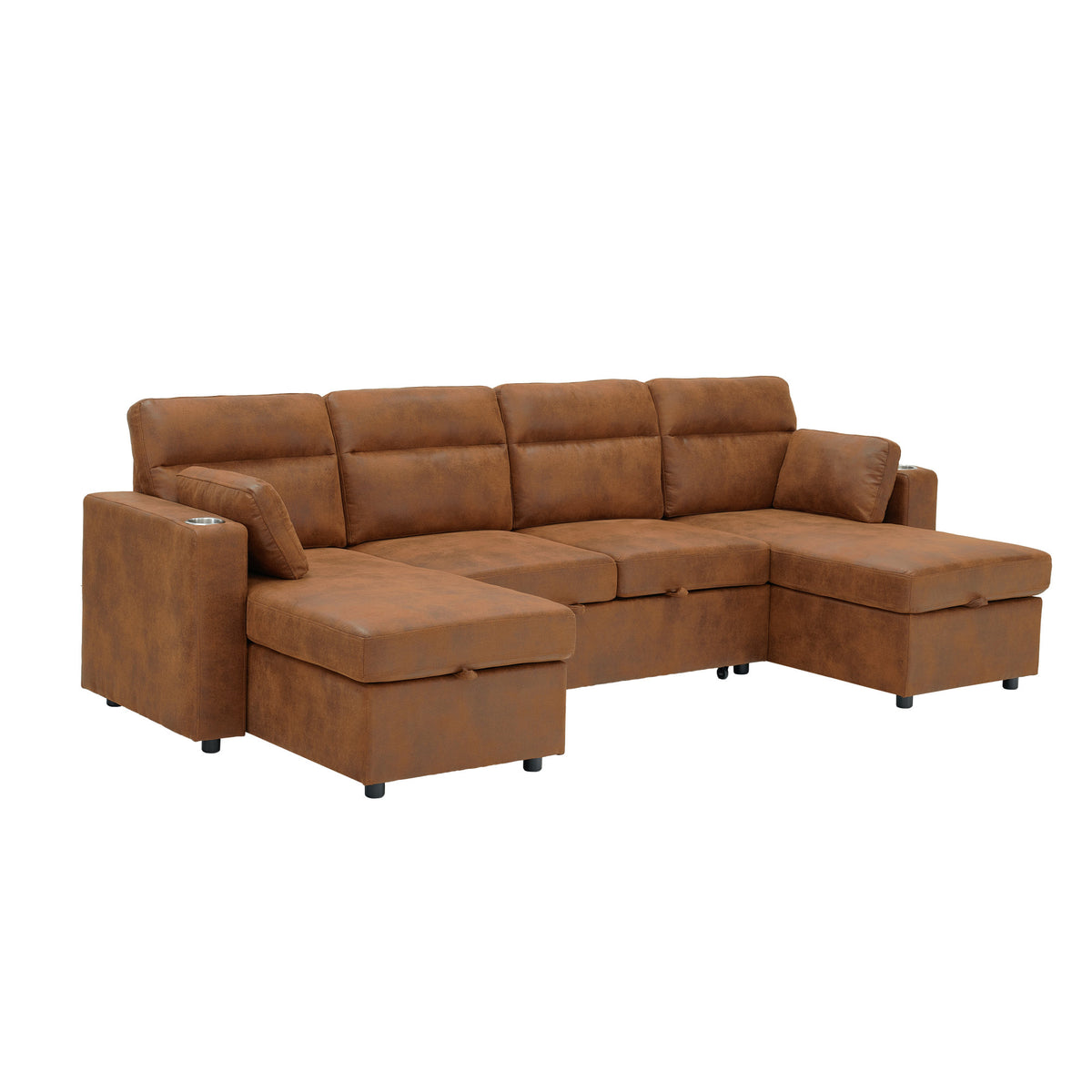 Convertible U-Shaped Sectional Sofa Bed with Double Storage Chaises, Pull-Out Sleeper, Cup Holders, and Lumbar Pillows