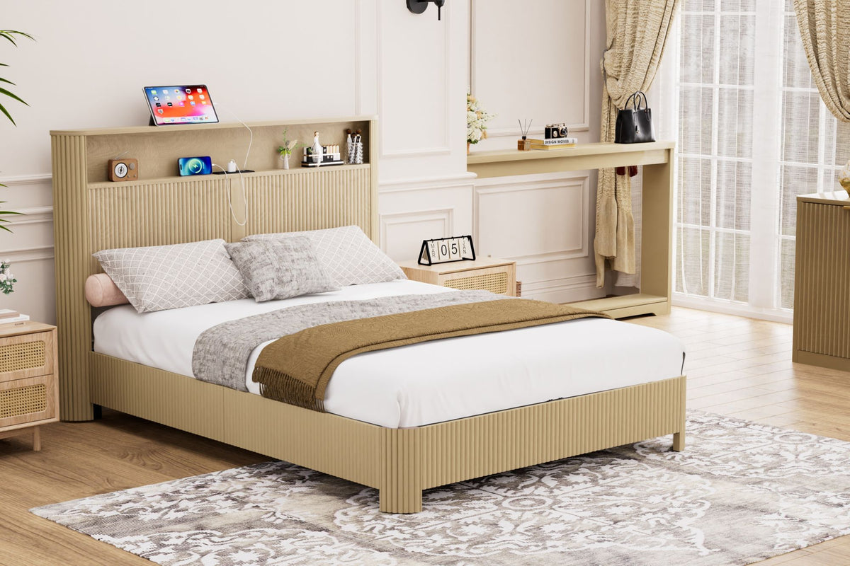 Queen Size bed frame with storage headboard, built-in charging station, wavy curved lines design, silent operation, metal support, Natural