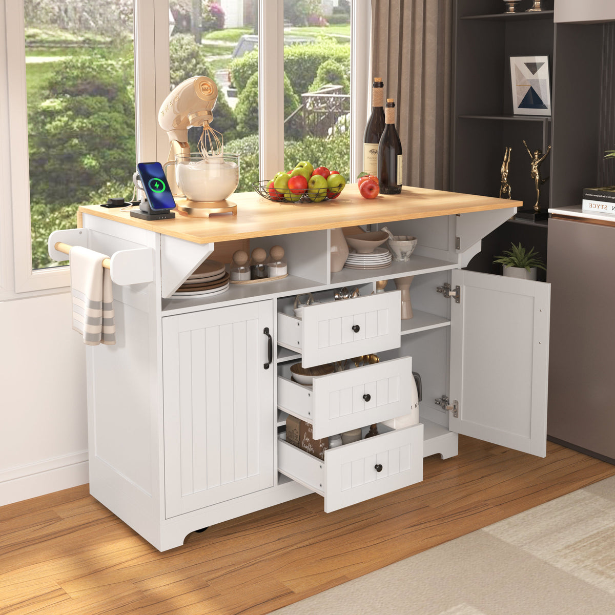 K&K 55.7'' Large Kitchen Island with 2 Drop Leaf, Rolling Kitchen Cart on 5 Wheels with Power Outlet – White