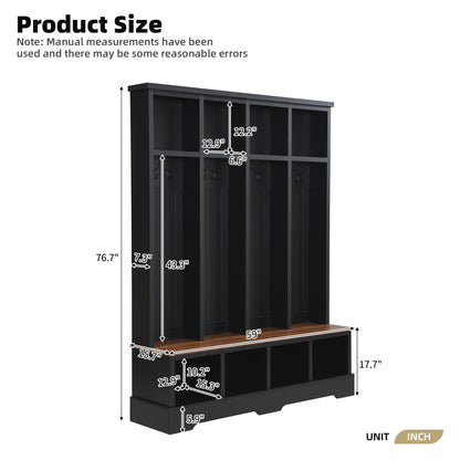 Farmhouse Hall Tree with 8 Hooks, Practical Entryway Bench with Open Compartments, 76.7'H Modern 3-in-1 Wooden Style Coat and Shoe Rack for Mudroom, Living Room, Black